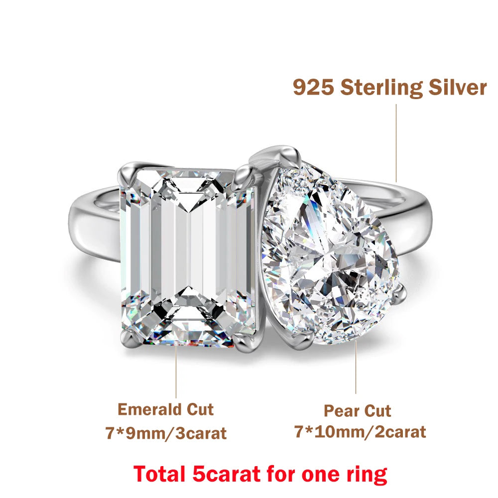 5cttw Pear&Emerald Cut Moissanite Diamond Engagement Rings for Women Two Stone 925 Sterling Silver Wedding Band with Certificate