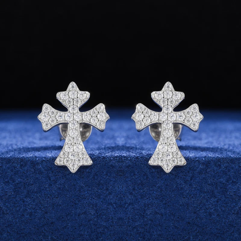 S925 Full Moissanite Cross Stud Earrings For Women/Men Hiphop Party Jewelry 100% 925 Sterling Silver Sparkling Wedding, Gift