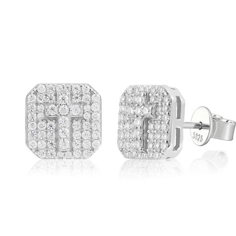 D VVS Round Moissanite Square Cross Stud Earrings for Women/Men 925 Sterling Silver Fine Wedding Jewelry Gift With Certified By GRA