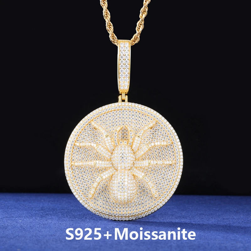 Luxury Hip Hop 925 Sterling Silver Spider Pendant for Men Iced Out Round Moissanite Charm Chain Passed Diamond Test Fine Jewelry