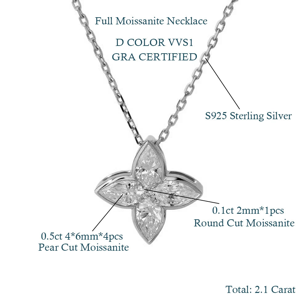 Full Moissanite Pendant Necklaces Fashion Flower Pear/Round Cut Diamond Neck Chain S925 Silver Wedding GRA Jewelry Gifts