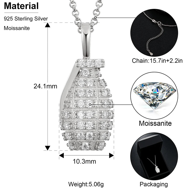 Hip hop Hand Grenade Gun Bullet Pendant 925 Sterling Silver Moissanite Diamond Hipster Man/Woman Bomb Necklaces