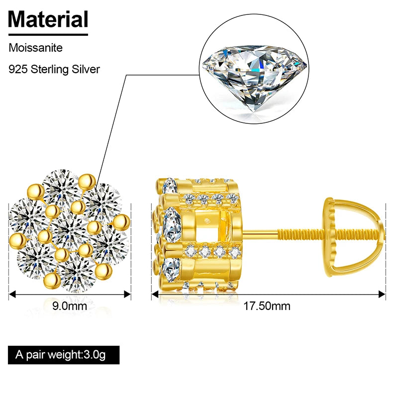 925 Sterling Silver Rock Hip Hop Iced Out Stud Earring For Men Male Ice Stud Moissanite Piercing Ear Accessories Hip Hop Trendy