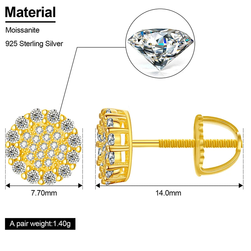 Real 925 Sterling Silver Round Cut D Color Moissanite Diamond Halo Stud Earrings For Women/Men Hip Hop Jewelry Passed Diamond Test