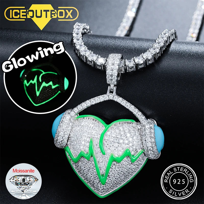 New Moissanite Glowing Heart With Earphone Pendant Necklace Iced Out S925 Silver D VVS Moissanite Hip Hop Fine Jewelry Gifts