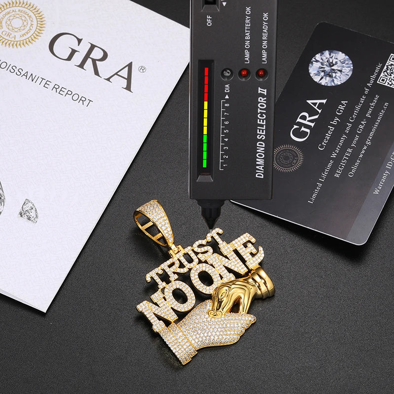 Men S925 Trust No one Pendant Necklace Iced Out Moissanite Gold Silver Color Charm Hip Hop, Fine Jewelry, Gift, Party.