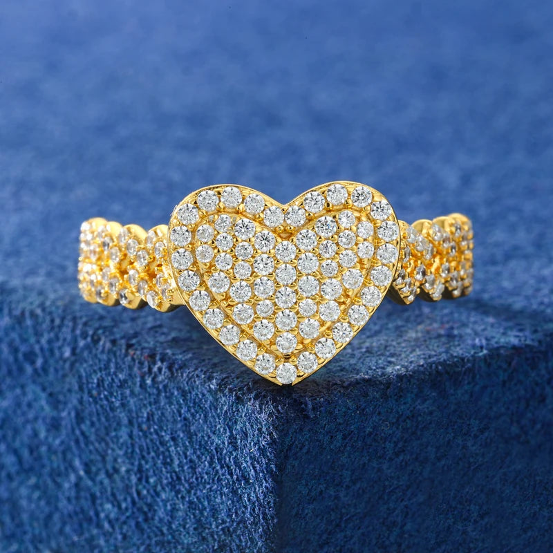 New Cuban Ring GRA Certified Full Moissanite Diamond Heart Ring for Men Women Real 925 Sterling Silver Hip Hop Band Ring Jewelry