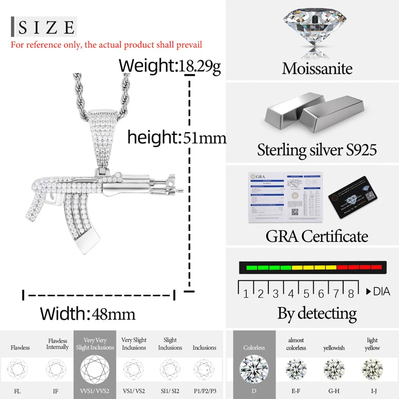Unisex AK pendant Pendants Hip Hop Jewelry Fully Moissanite Pendant Necklace Fine, Luxurious jewelry