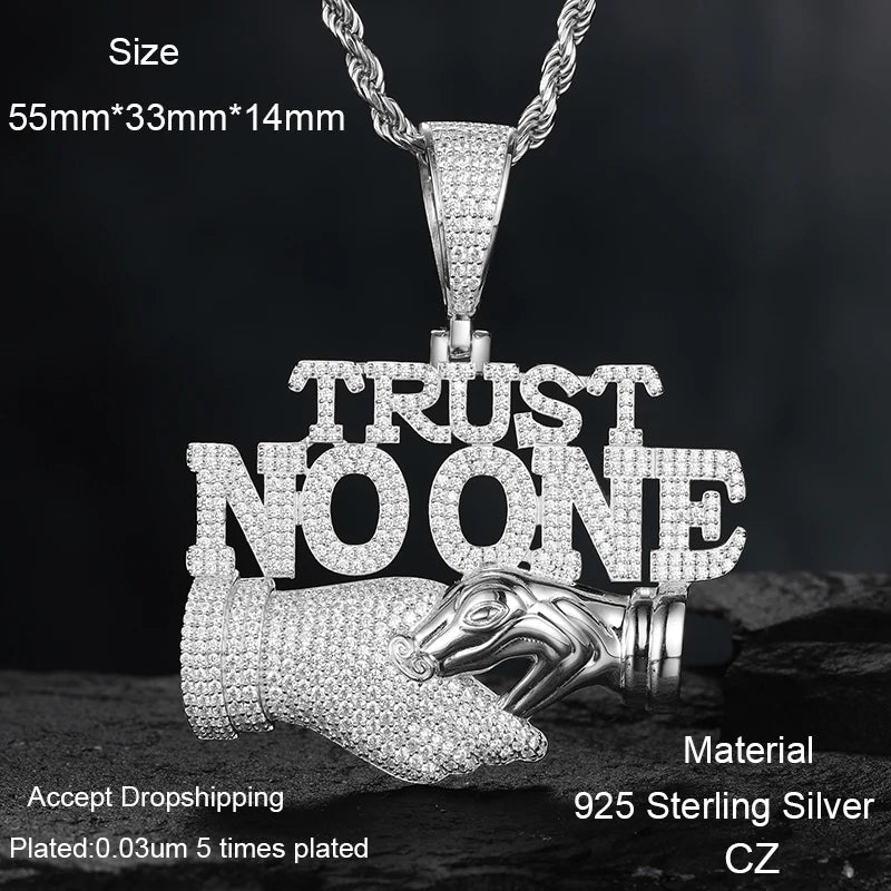 Men S925 Trust No one Pendant Necklace Iced Out Moissanite Gold Silver Color Charm Hip Hop, Fine Jewelry, Gift, Party.