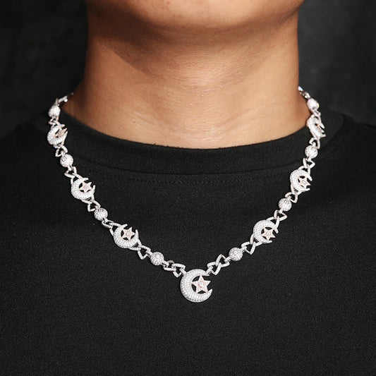Iced Out D Color VVS1 Moissanite Moon Star Cuban Link Chain for Men Women 925 Sterling Silver Choker Necklace Hip Hop Jewelry