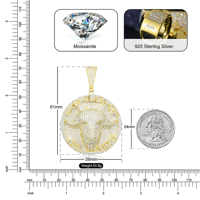 Full Of Moissanite Personality Animal Goat Head Necklace Pendant Men Women 925 Sterling Silver Iced Out Hip Hop Party Jewelry