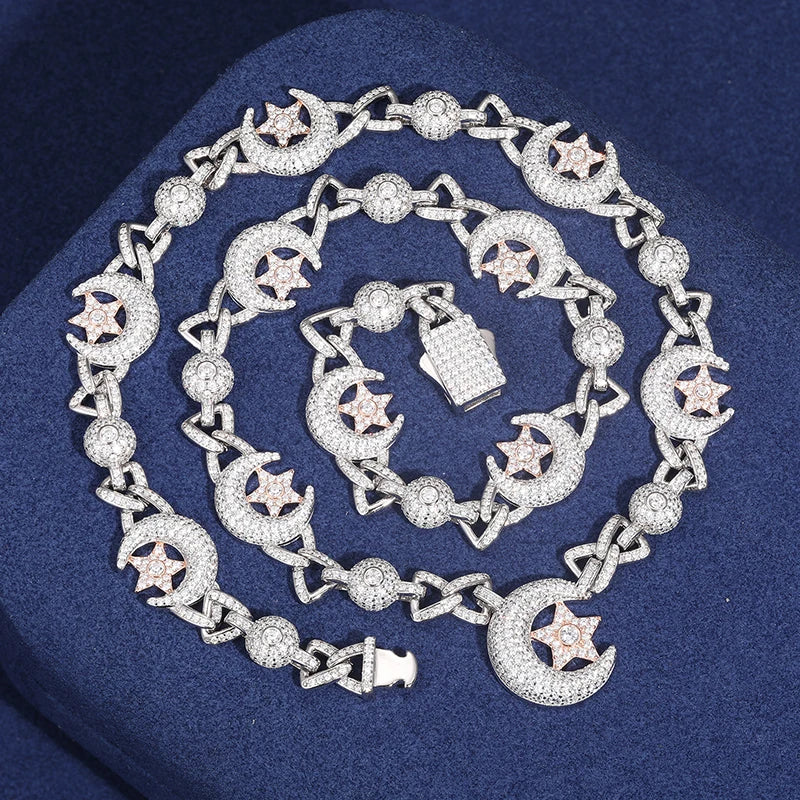 Iced Out D Color VVS1 Moissanite Moon Star Cuban Link Chain for Men Women 925 Sterling Silver Choker Necklace Hip Hop Jewelry