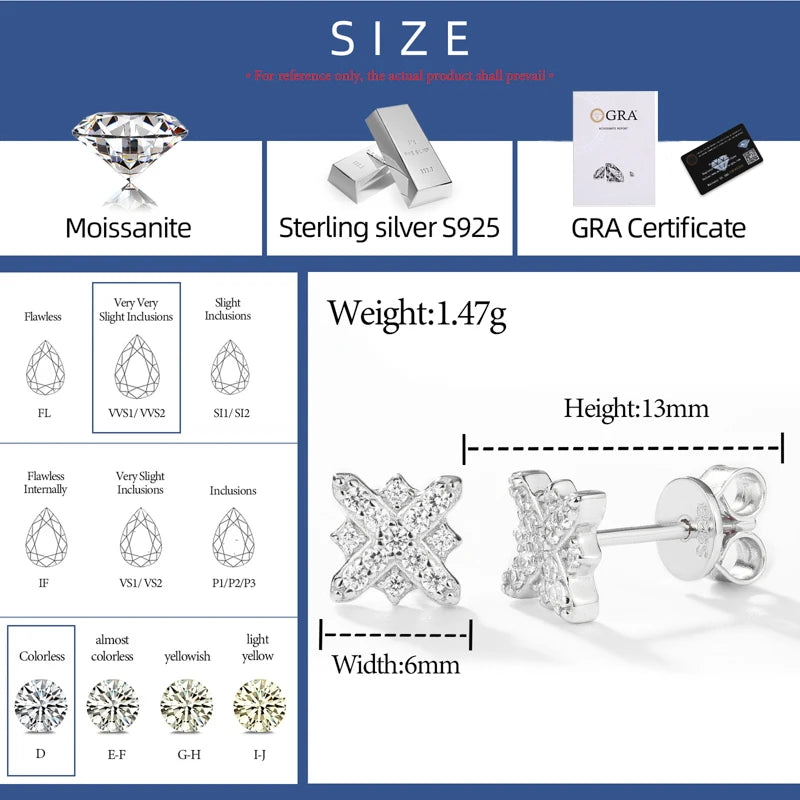 High Quality Unisex Full Ice Out Moissanite Cross Flower Stud Earring 925 Sterling Silver Plated 18K Gold Daily Ear Fine Jewelry