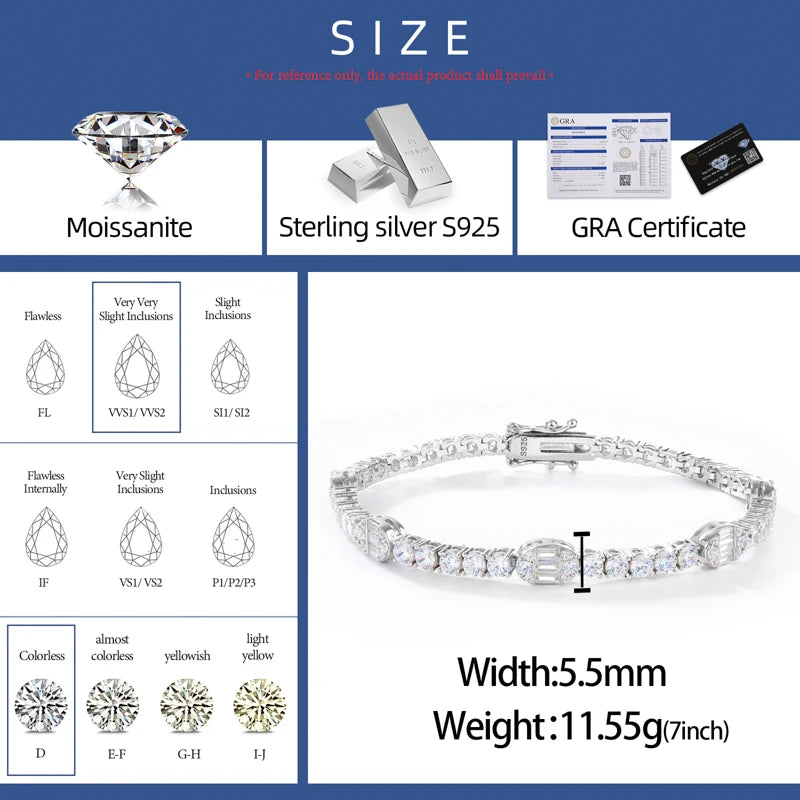 Luxury 3mm Tennis Chain Bracelet Iced Out Oval Moissanite Diamond S925 Sterling Silver Hip Hop Party Jewelry Gifts for Men/Women
