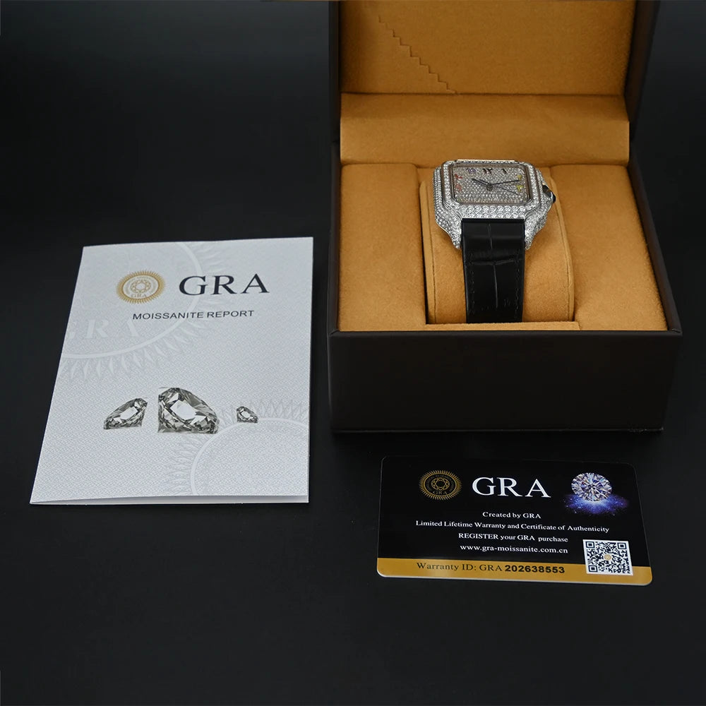 Hot Sale Men Mechanical Moissanite Watch Stainless Steel D VVS1 Pass Diamond Tester Leather Watch Waterproof Luxury