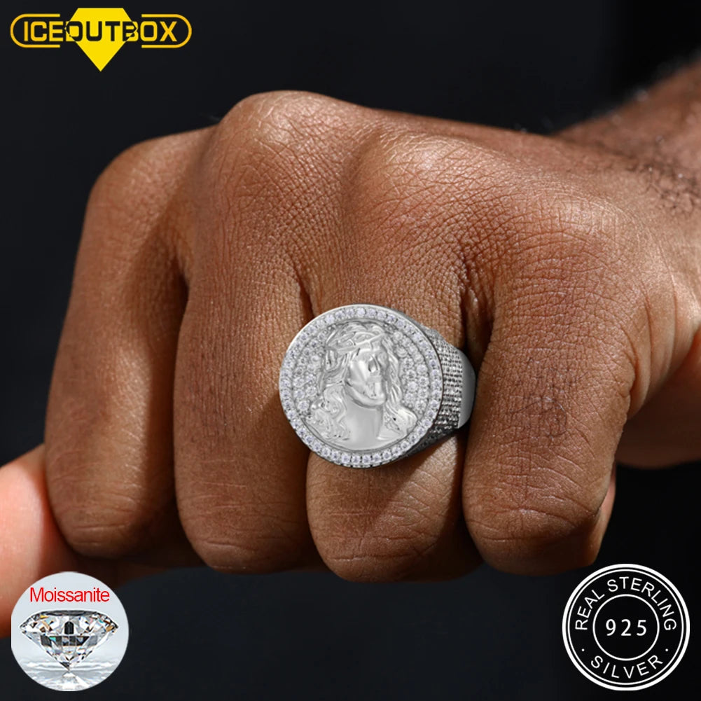 New S925 Moissanite Jesus Head Ring Me/ Women Fashion Religious Amulet Accessories Hip Hop Punk Iced Out Sterling Silver Jewelry