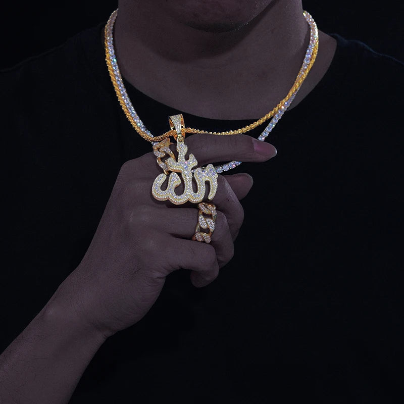 Moissanite Sparkling Islam Muslim Rune Pattern Pendant Allah Religious Necklace 925 Sterling Silver Men's Hip Hop Jewelry Gifts