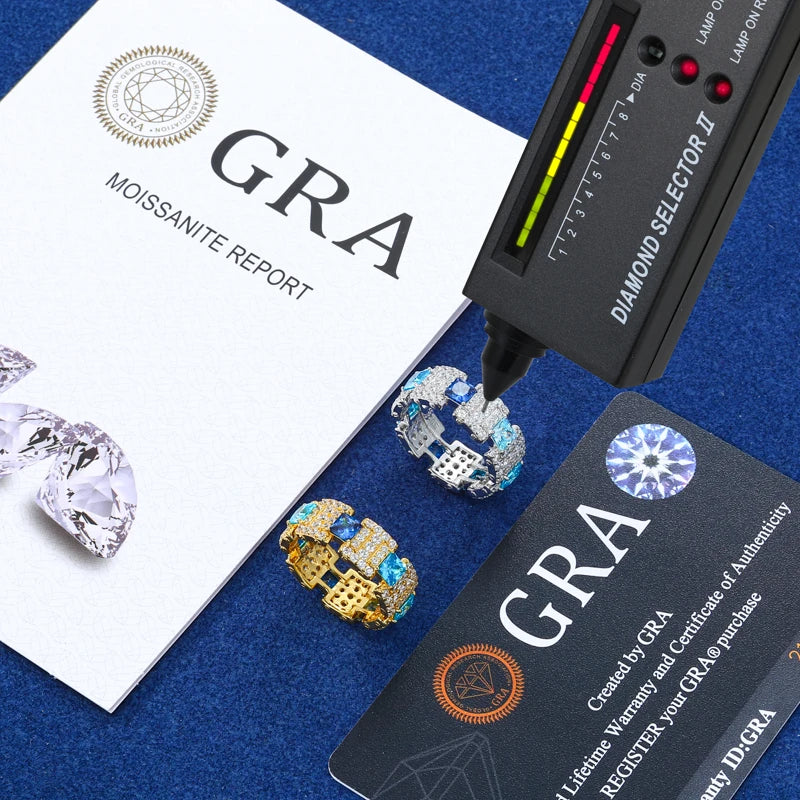 New Exquisite Gradient Blue Rings for Men Women 100% 925 Silver GRA Certified Full Moissanite Diamond Hip Hop Band Ring Jewelry