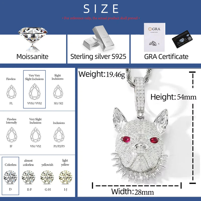 Hip Hop Cartoon French Bulldog Pendant Necklace 925 Sterling Silver Iced Out Moissanite Jewelry Animal Charm Gift for Women Men