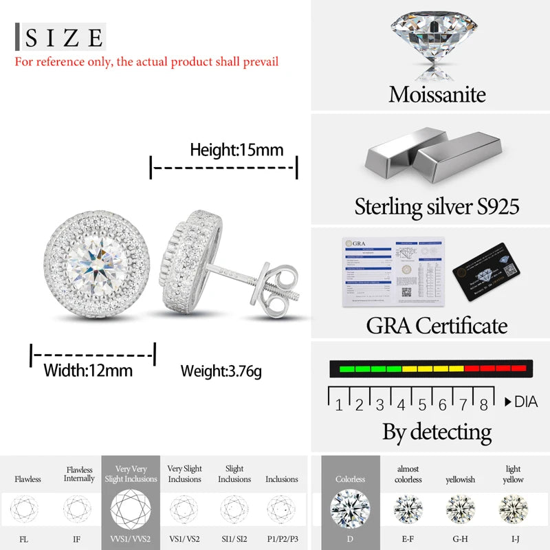 0.2-1.6CT Iced Out Moissanite Halo Stud Earrings For Men/Women GRA Certified 100% 925 Silver Daily Round Earrings Jewelry Gifts, Party, Lifestyle.
