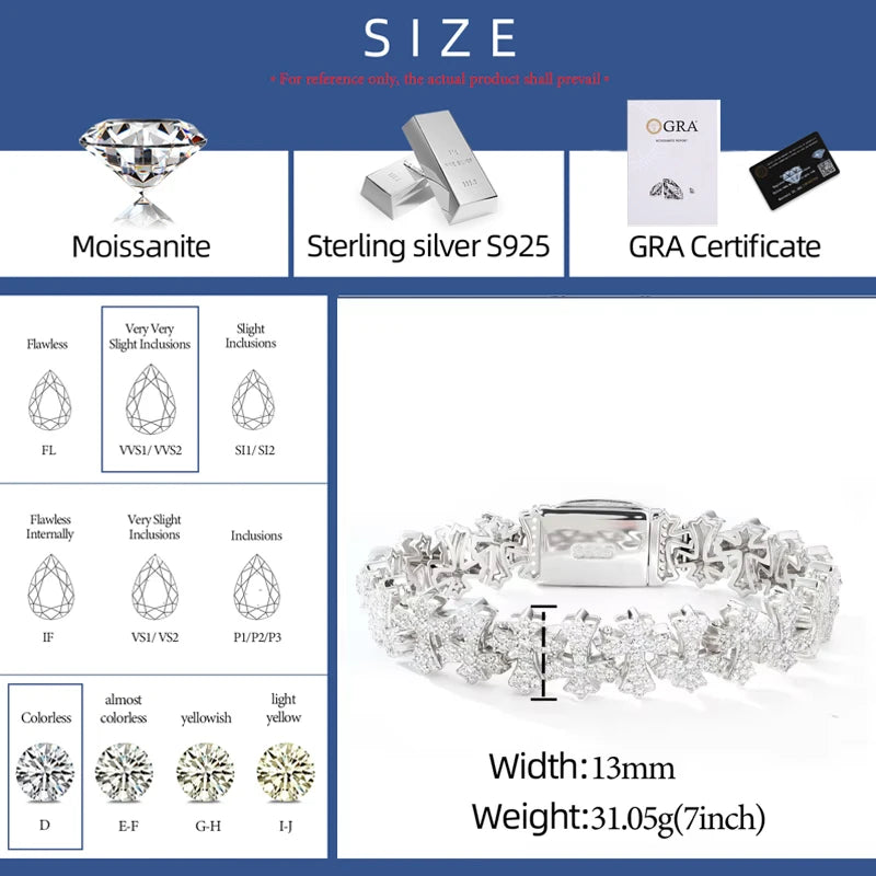 New 925 Sterling Silver Gothic Cross Bracelet for Men/Women Full Iced Out Moissanite Unisex Dainty Chain Jewelry Gift