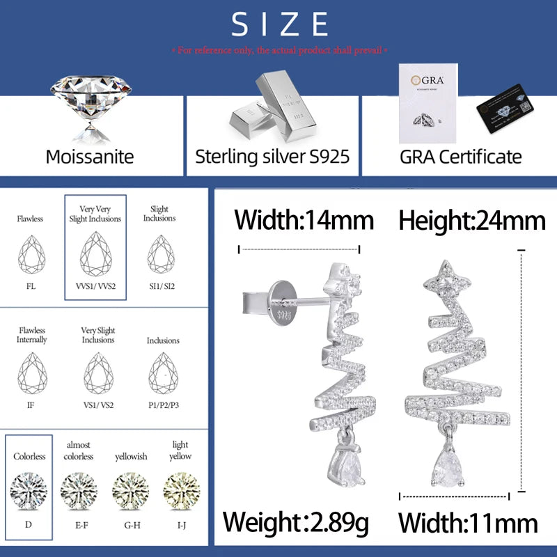 New 1ct Christmas Tree Moissanite Stud Earrings For Women 925 Sterling Silver Sparkling Ear Wedding Party Fine Jewelry Gifts