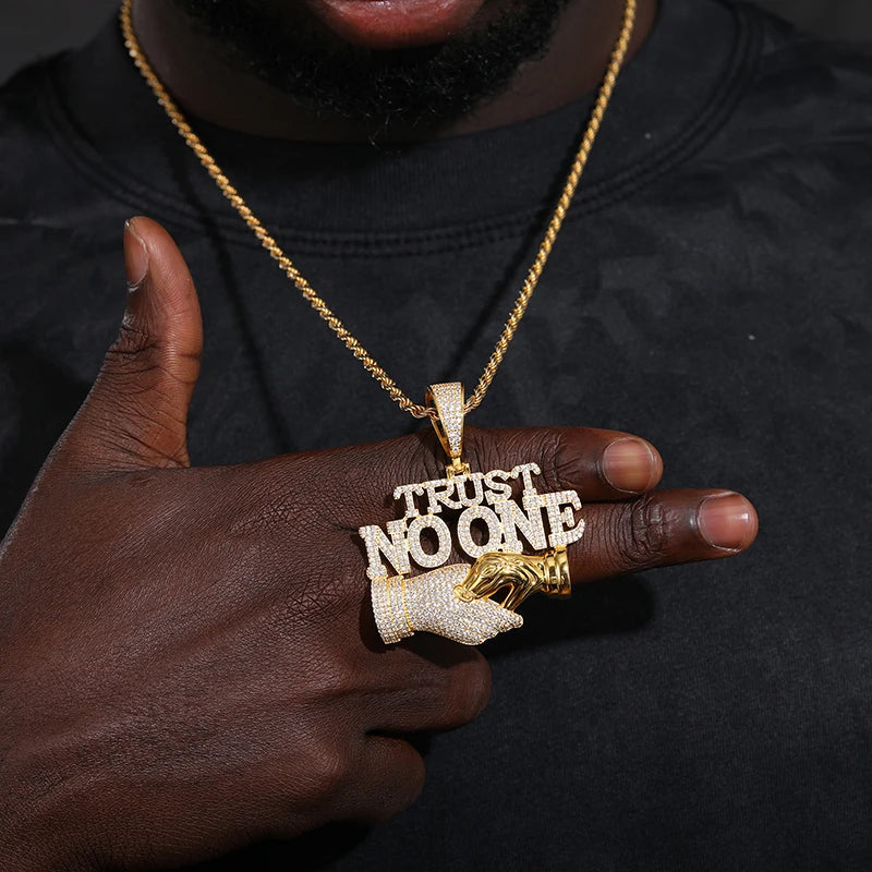 Men S925 Trust No one Pendant Necklace Iced Out Moissanite Gold Silver Color Charm Hip Hop, Fine Jewelry, Gift, Party.
