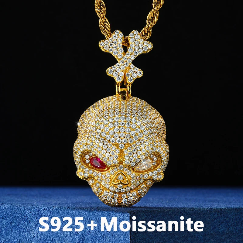 New Personalized Hip Hop Full Iced Out Moissanite Odd-eyed Skull Pendant Necklace For Men Solid Silver 925 Fine Charm Jewelry