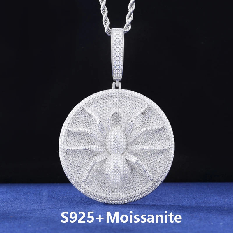 Luxury Hip Hop 925 Sterling Silver Spider Pendant for Men Iced Out Round Moissanite Charm Chain Passed Diamond Test Fine Jewelry