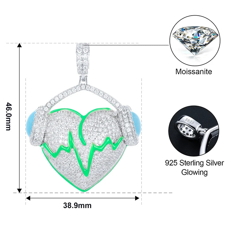 New Moissanite Glowing Heart With Earphone Pendant Necklace Iced Out S925 Silver D VVS Moissanite Hip Hop Fine Jewelry Gifts