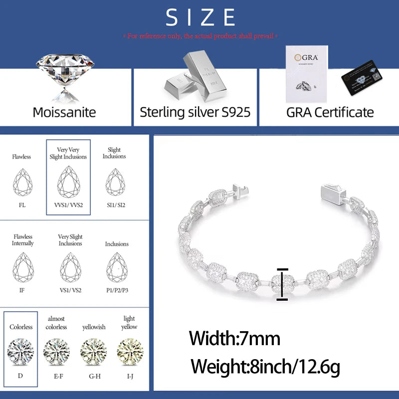 New Orginal S925 Moissanite 7mm Iced Out Chain Bracelet For Women Link Chain Wristband Men Hip Hop Jewelry Sterling Silver Gifts