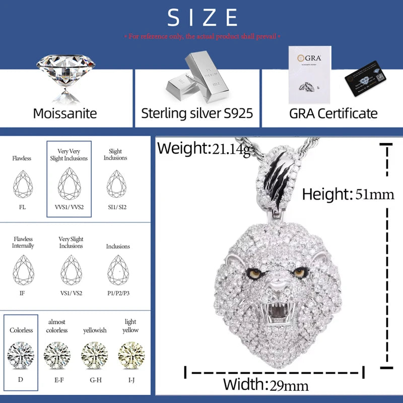 Original Design 100% 925 Silver Lion Head Pendant Necklace Full Iced Out Moissanite Animal Charms Hip Hop Jewelry Gifts for Men