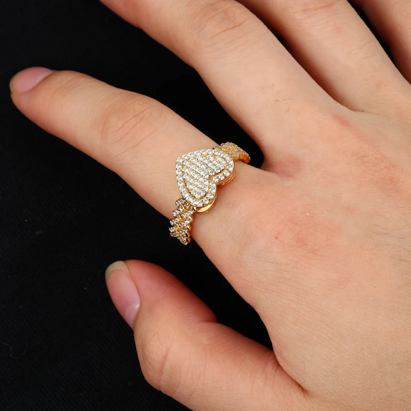 New Cuban Ring GRA Certified Full Moissanite Diamond Heart Ring for Men Women Real 925 Sterling Silver Hip Hop Band Ring Jewelry