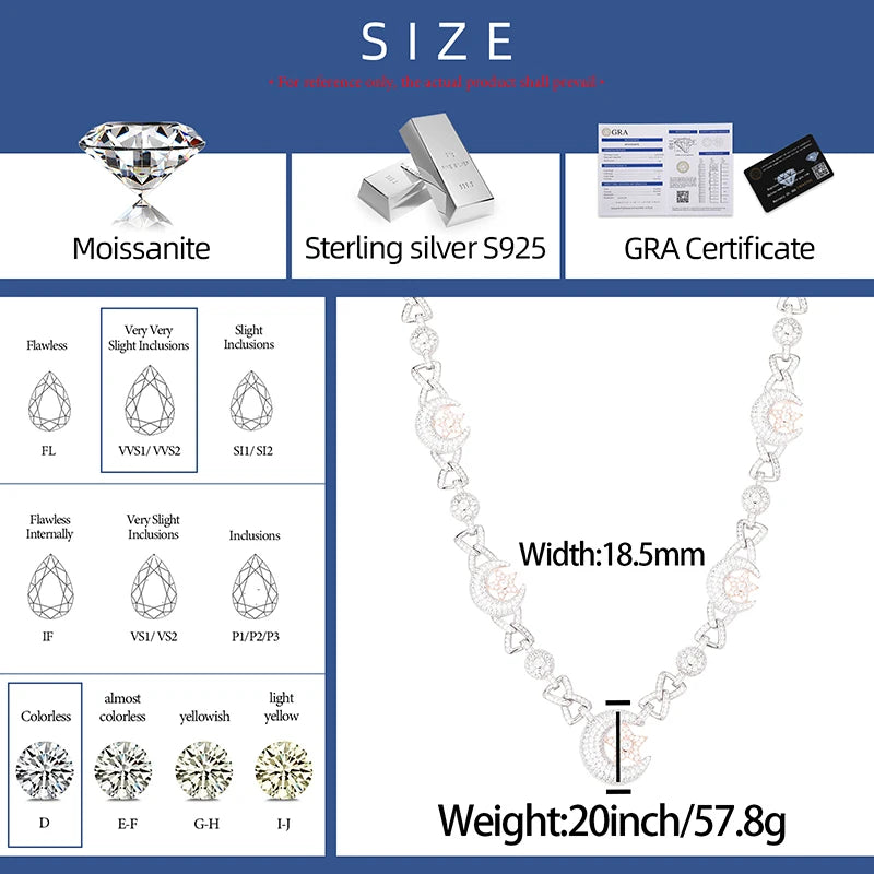 Iced Out D Color VVS1 Moissanite Moon Star Cuban Link Chain for Men Women 925 Sterling Silver Choker Necklace Hip Hop Jewelry