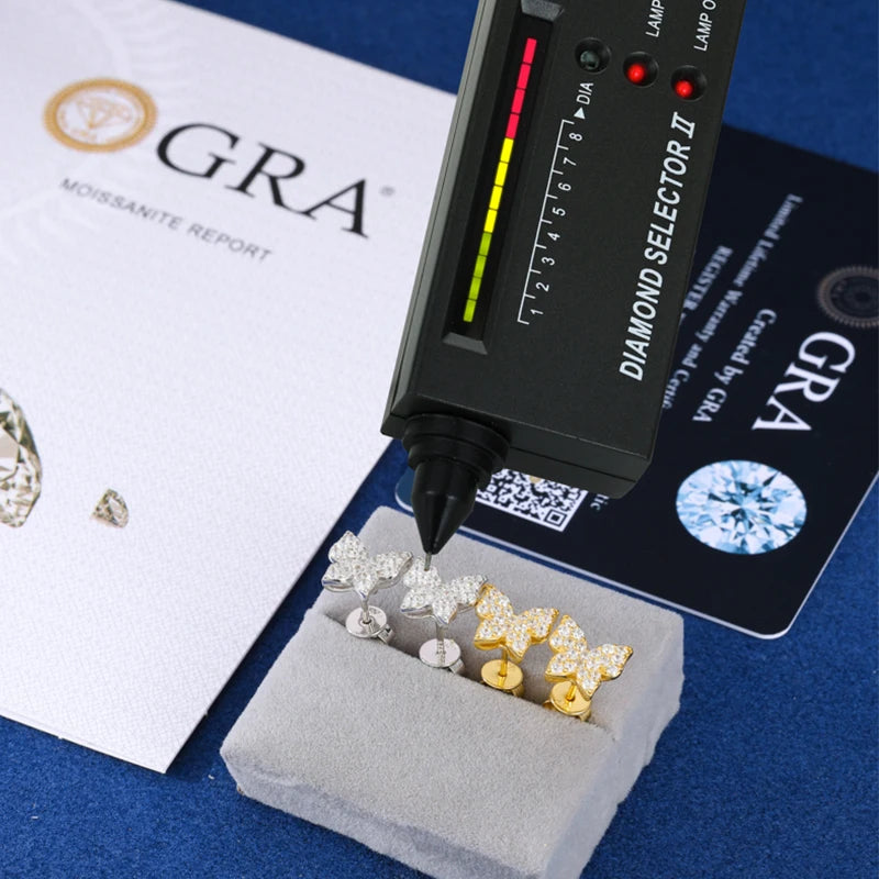 Real 925 Sterling Silver Mini Butterfly Stud Earrings For Man Woman Iced Out Moissanite Cute Fine Wedding Party Jewelry Gifts