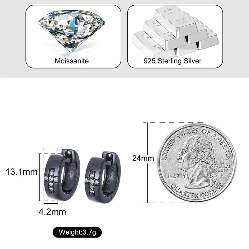 1 Pair D VVS Moissanite Black Punk Rock Cross Stud Earrings 925 Sterling Silver For Men Circle Earring Boy Male Hip Hop Jewellry