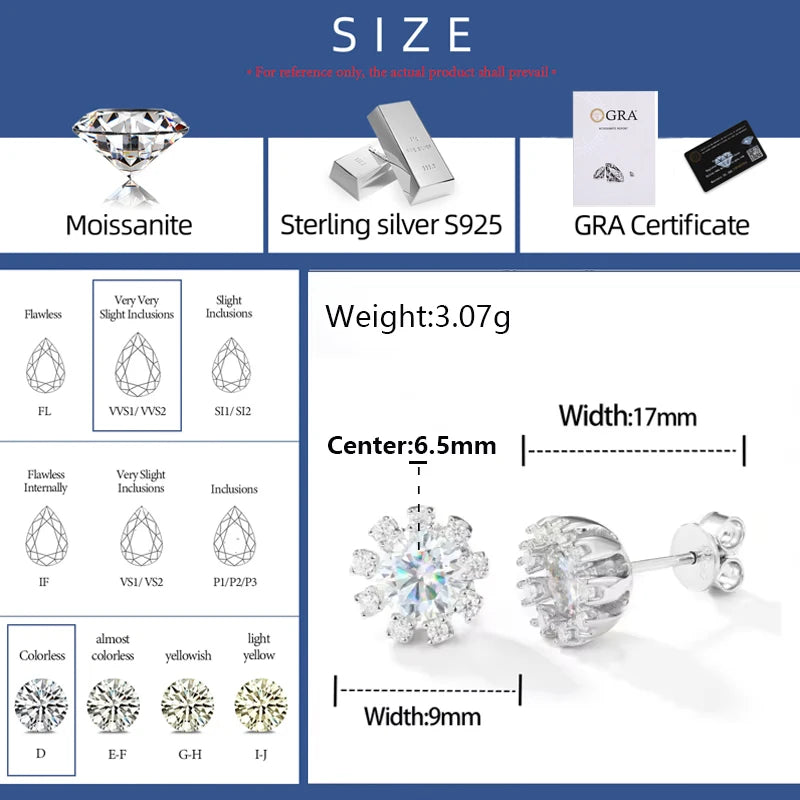 New Sparkling 1CT D VVS Moissanite Diamond Halo Sunflower Stud Earrings for Women 925 Sterling Silver Wedding Party Fine Jewelry