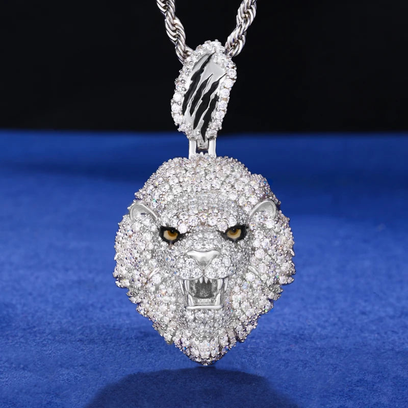 Original Design 100% 925 Silver Lion Head Pendant Necklace Full Iced Out Moissanite Animal Charms Hip Hop Jewelry Gifts for Men