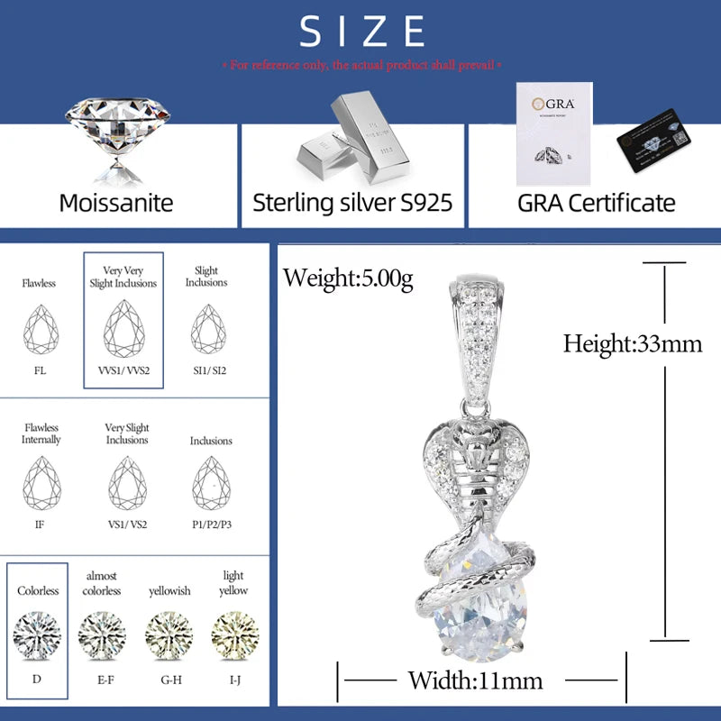 New Design D VVS Moissanite Cobra Snake Pendant Necklace for Woman/Man Silver 925 Color Water Drop Cut Chain Jewelry Accessories