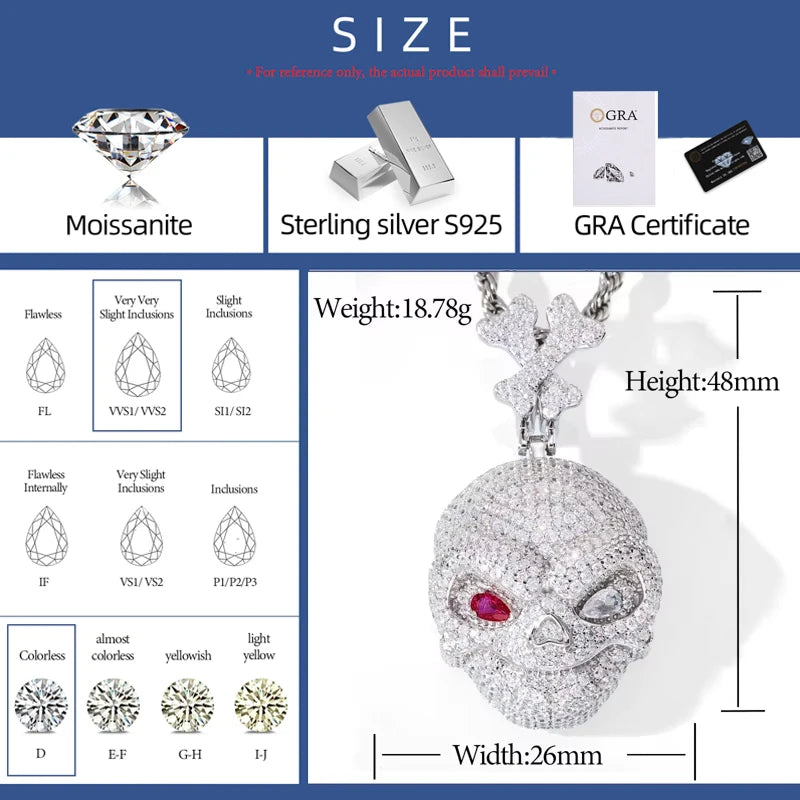 New Personalized Hip Hop Full Iced Out Moissanite Odd-eyed Skull Pendant Necklace For Men Solid Silver 925 Fine Charm Jewelry