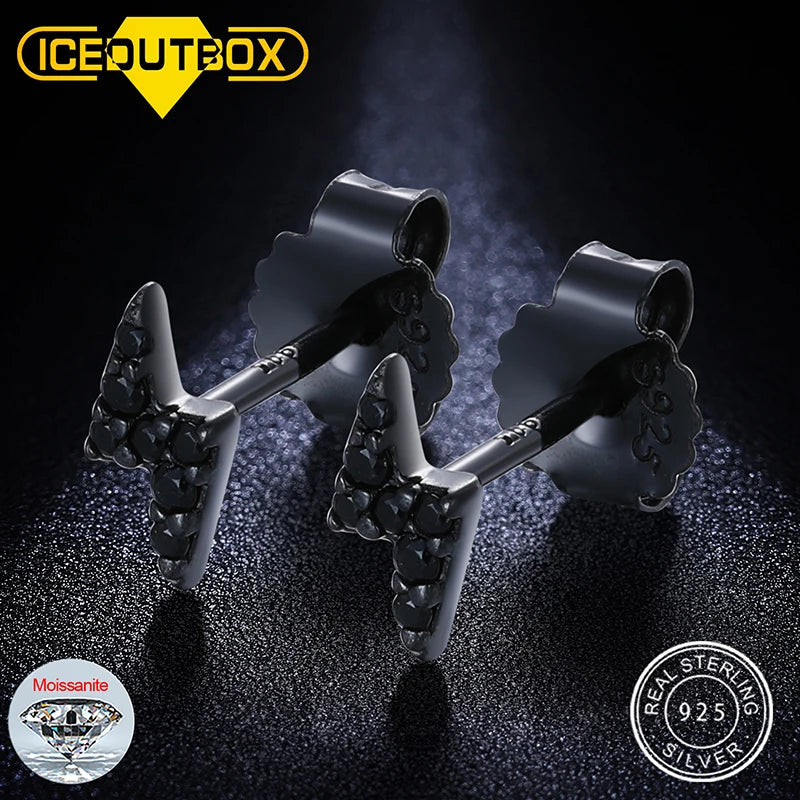 Tiny D VVS Black White Moissanite 925 Sterling Silver Fashion Lightning Stud Earrings Women/Men Exquisite Student Girlfriend Jewelry