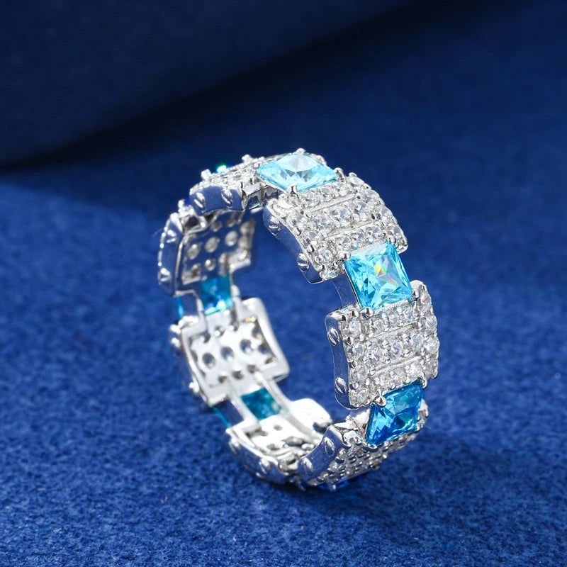 New Exquisite Gradient Blue Rings for Men Women 100% 925 Silver GRA Certified Full Moissanite Diamond Hip Hop Band Ring Jewelry