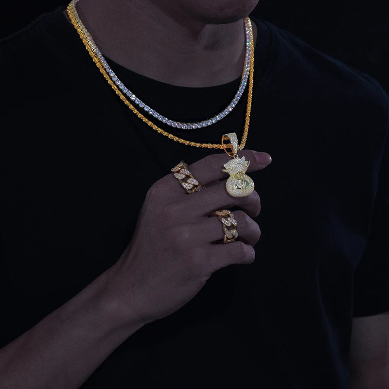 New D Color VVS Moissanite Lucky Money Bag Pendant Necklace 925 Sterling Silver Women Men's Hip Hop Rock Jewelry Rich Jewelry