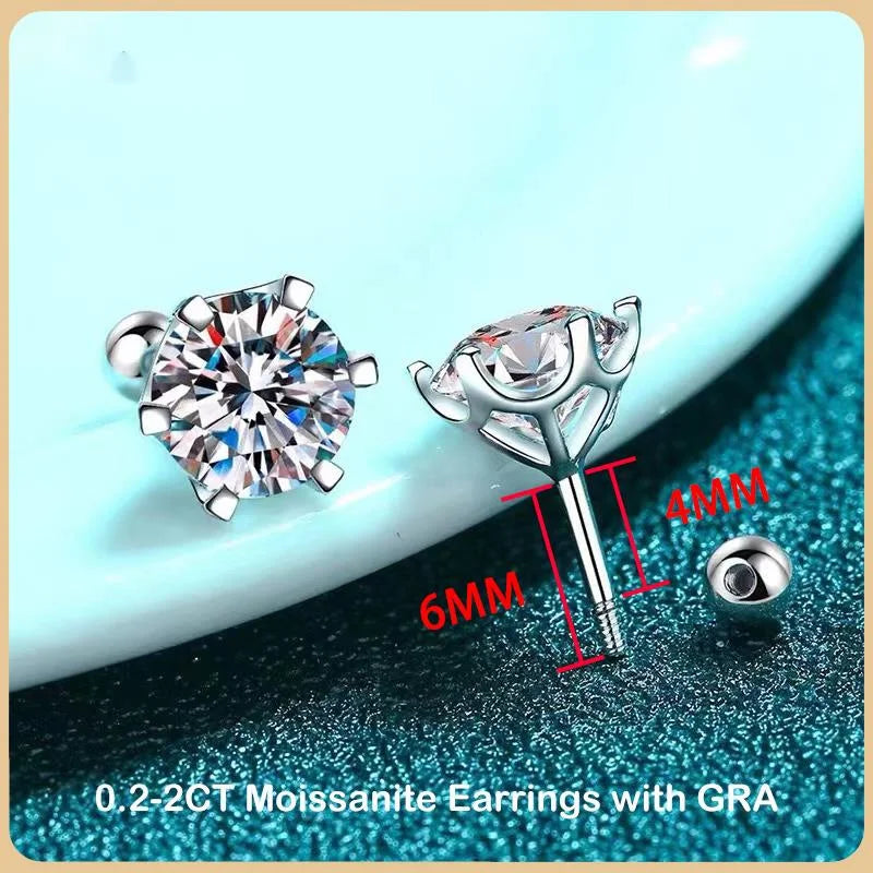 Beautiful Moissanite Screw Stud Earrings D Color 925 Sterling Silver 6 Prong Diamond Wedding Fine Jewelry