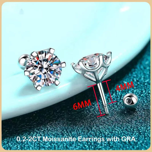 Beautiful Moissanite Screw Stud Earrings D Color 925 Sterling Silver 6 Prong Diamond Wedding Fine Jewelry