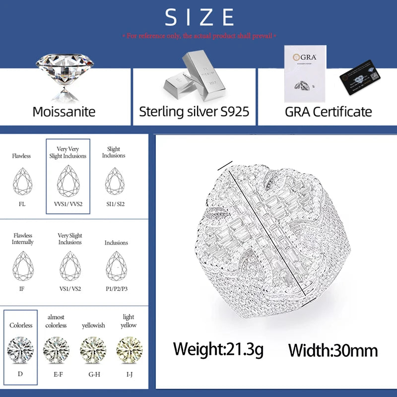 New Design Luxury Baguette Iced Out Cross Ring For Men 925 Sterling Silver Moissanite Diamond Finger Rings Hip Hop Party Jewelry