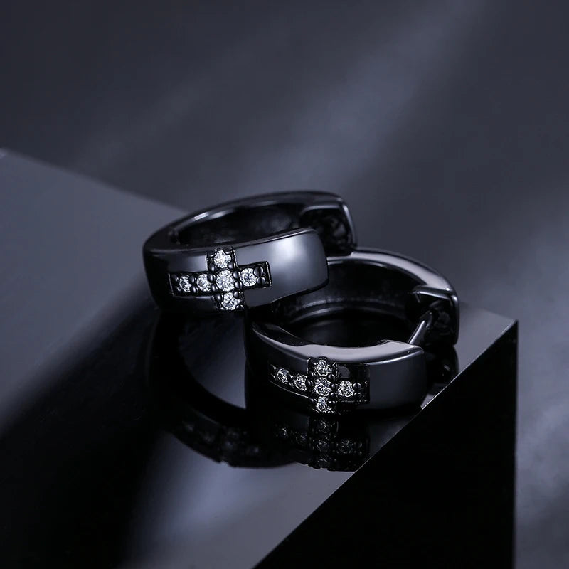 1 Pair D VVS Moissanite Black Punk Rock Cross Stud Earrings 925 Sterling Silver For Men Circle Earring Boy Male Hip Hop Jewellry