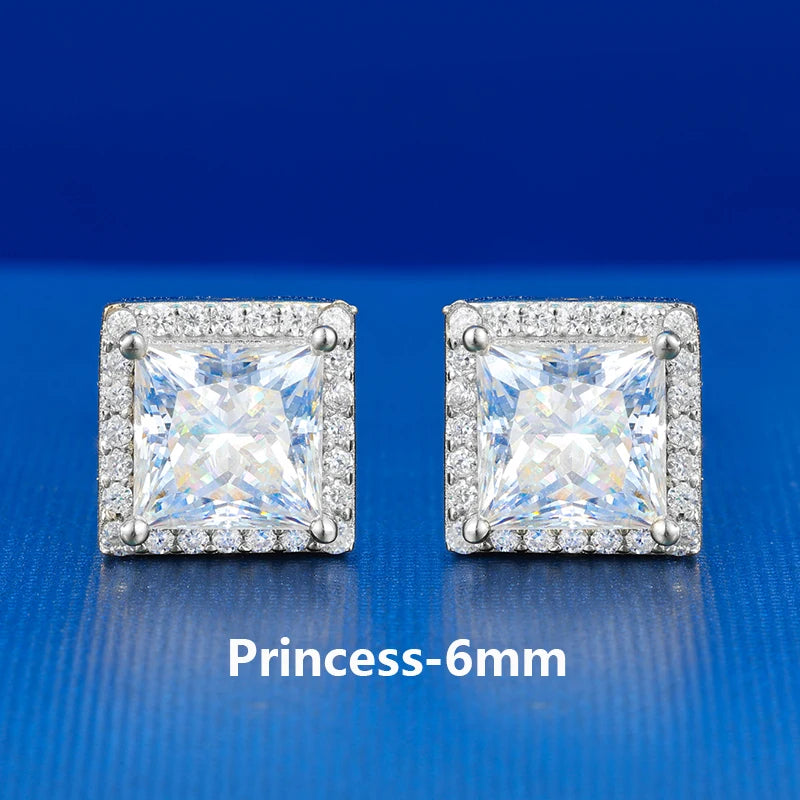 Pass Diamond Tester Moissanite Halo Stud Earrings For Woman Man 925 Sterling Silver Princess Cut Earrings Luxury Fine Jewelry