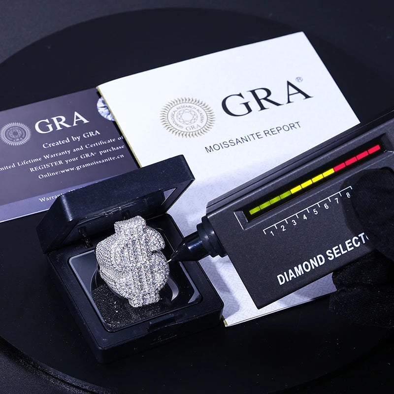 Luxury Rock Full Moissanite Dollar Ring 925 Sterling Silver Eternity Band Hip Hop Rings For Woman Man Party Sparkling Jewely