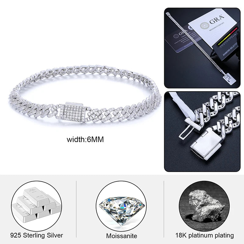 Hip Hop Rock Solid 925 Sterling Silver Created Moissanite Diamonds Cuban Bracelets For Men Fine, Party Jewelry 6MM